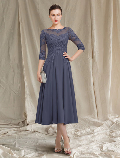 Weitese A-Line Mother of the Bride Dress Elegant Jewel Neck Tea Length Chiffon Lace Half Sleeve with Pleats Appliques