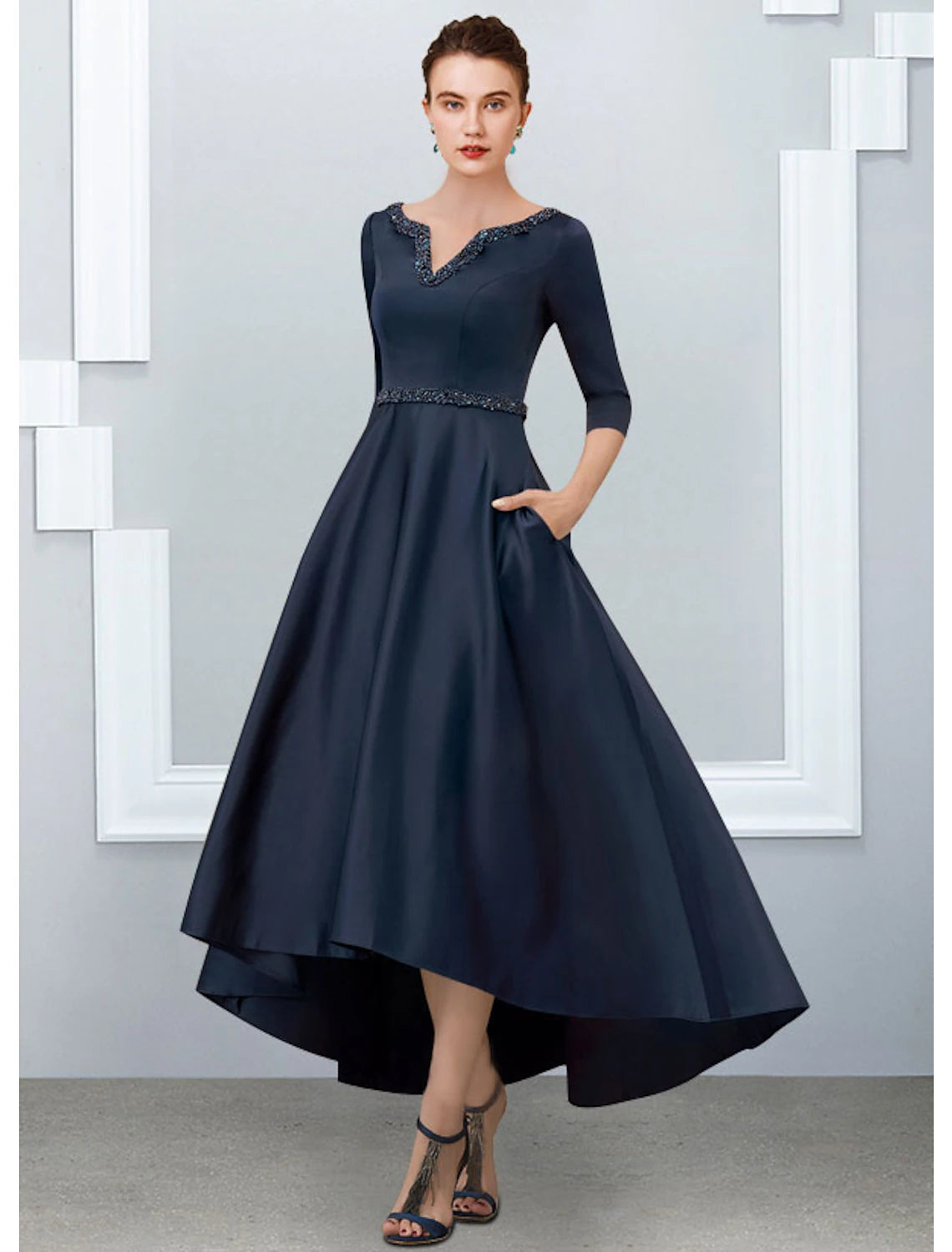 Weitese A-Line Mother of the Bride Dress Elegant High Low V Neck Asymmetrical Ankle Length Satin Half Sleeve with Pleats