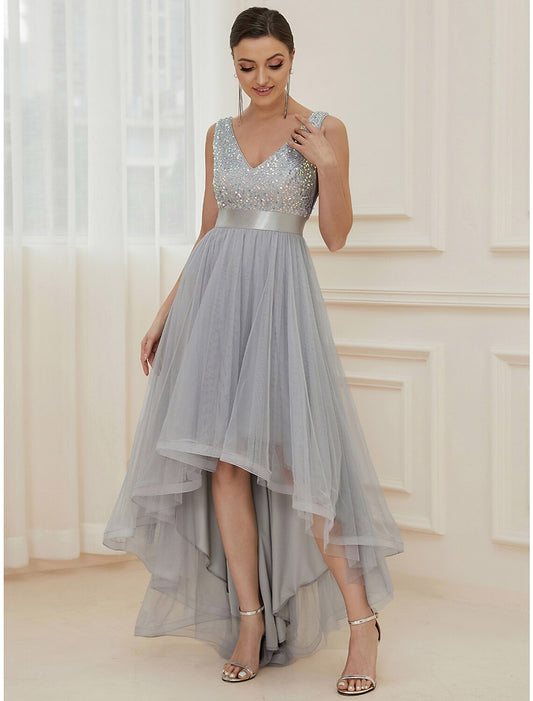 Weitese A-Line Bridesmaid Dress V Neck Sleeveless Elegant Asymmetrical Sequined with Sequin