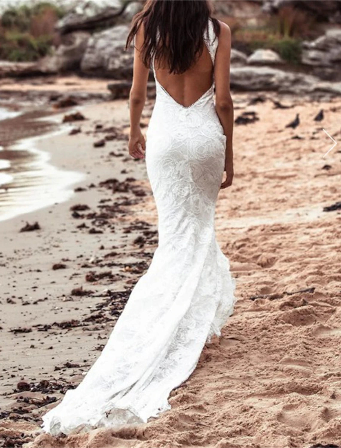 Beach Open Back Boho Wedding Dresses Mermaid / Trumpet Halter Neck Sleeveless Chapel Train Lace Bridal Gowns