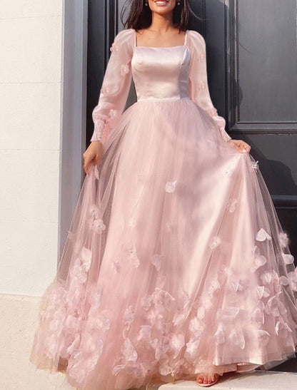 A-Line Evening Dresses Maxi Dress Wedding Guest Sweet 16 Floor Length Long Sleeve Scoop Neck Tulle