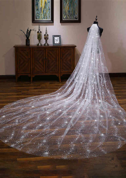 One-tier Cathedral Bridal Veils With Sparkling Glitter