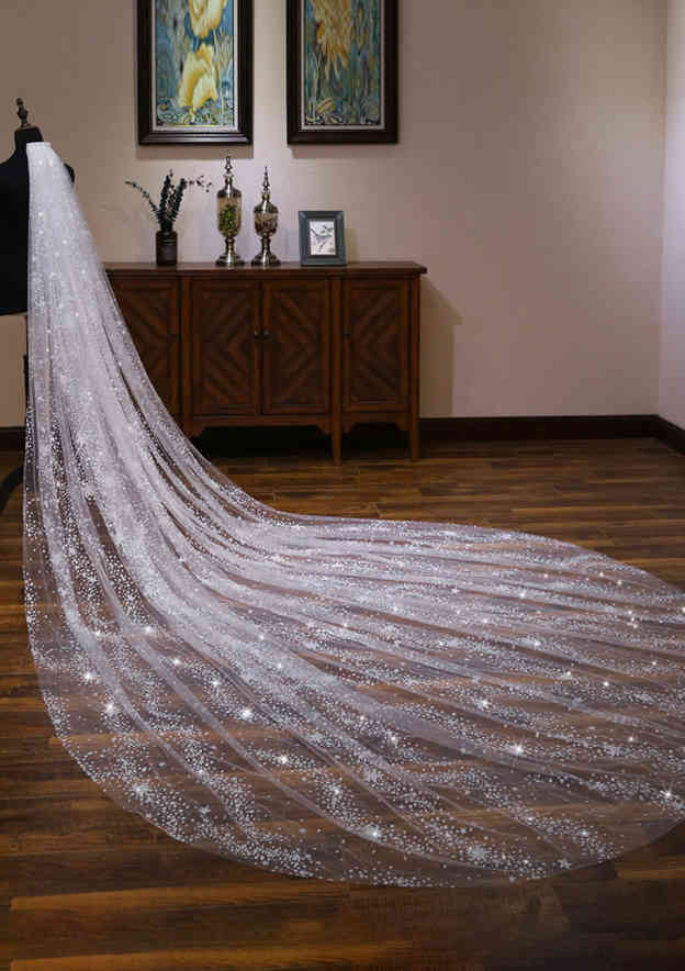 One-tier Cathedral Bridal Veils With Sparkling Glitter