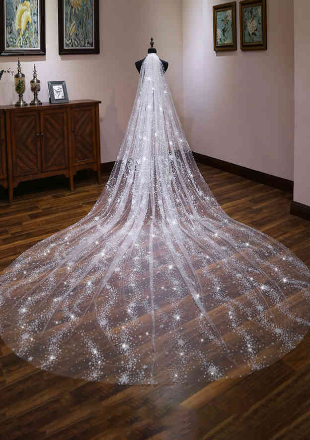 One-tier Cathedral Bridal Veils With Sparkling Glitter