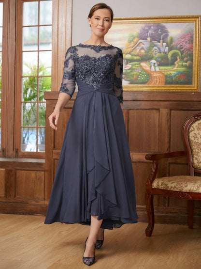 Chiffon Applique Scoop 3/4 Sleeves Asymmetrical Mother of the Bride Dresses