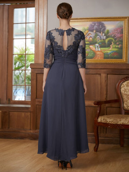 Chiffon Applique Scoop 3/4 Sleeves Asymmetrical Mother of the Bride Dresses