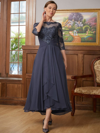 Chiffon Applique Scoop 3/4 Sleeves Asymmetrical Mother of the Bride Dresses