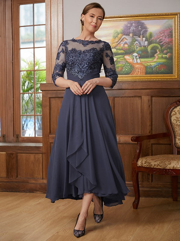 Chiffon Applique Scoop 3/4 Sleeves Asymmetrical Mother of the Bride Dresses