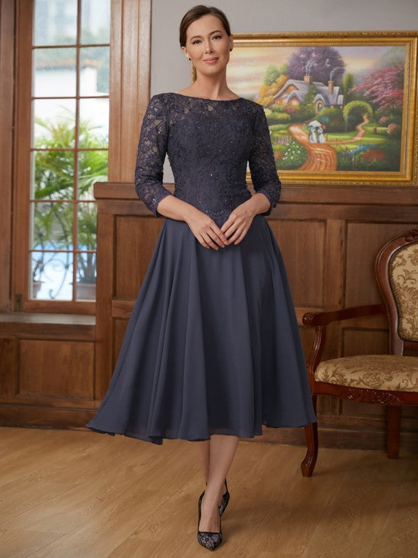 Chiffon Lace Scoop 3/4 Sleeves Tea-Length Mother of the Bride Dresses