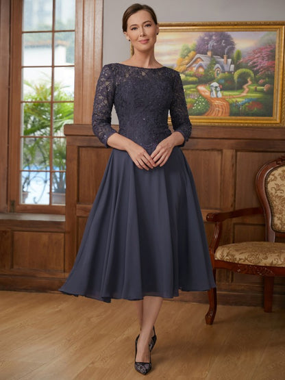 Chiffon Lace Scoop 3/4 Sleeves Tea-Length Mother of the Bride Dresses