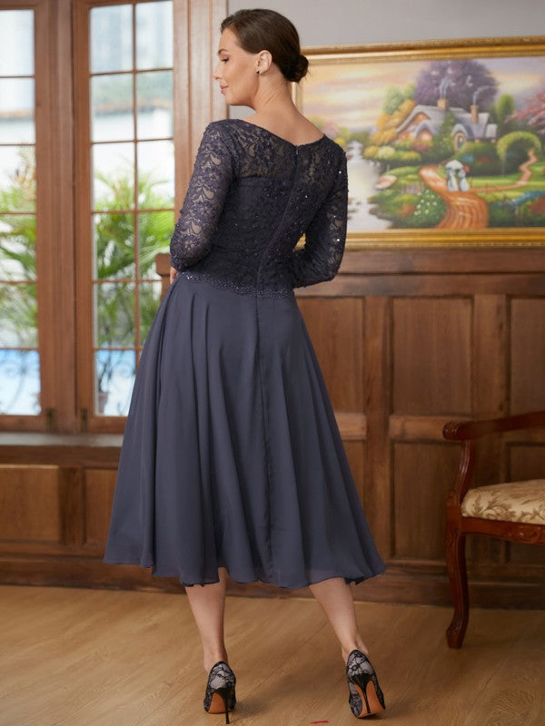 Chiffon Lace Scoop 3/4 Sleeves Tea-Length Mother of the Bride Dresses