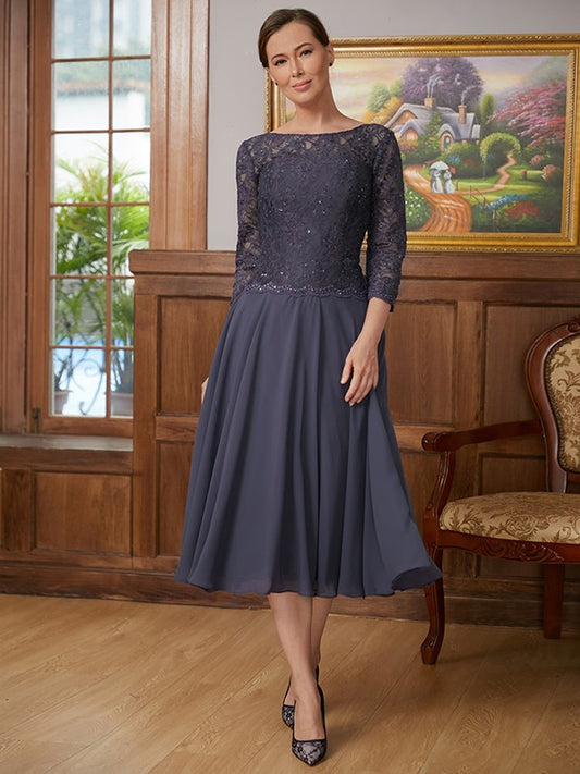 Chiffon Lace Scoop 3/4 Sleeves Tea-Length Mother of the Bride Dresses