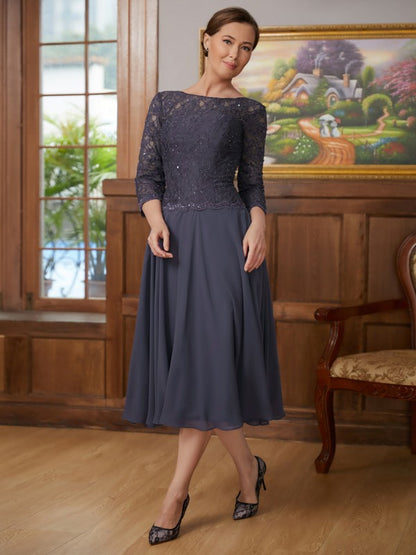 Chiffon Lace Scoop 3/4 Sleeves Tea-Length Mother of the Bride Dresses