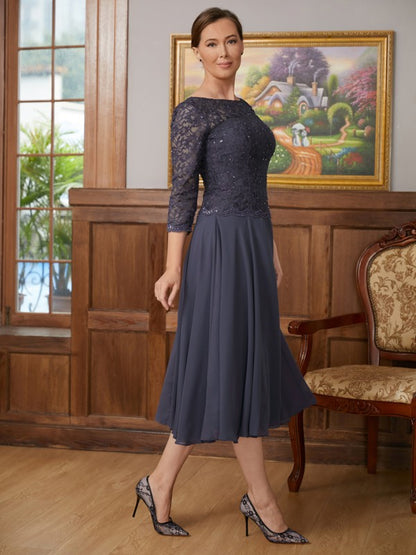 Chiffon Lace Scoop 3/4 Sleeves Tea-Length Mother of the Bride Dresses