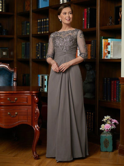 Chiffon Applique Scoop 3/4 Sleeves Floor-Length Mother of the Bride Dresses