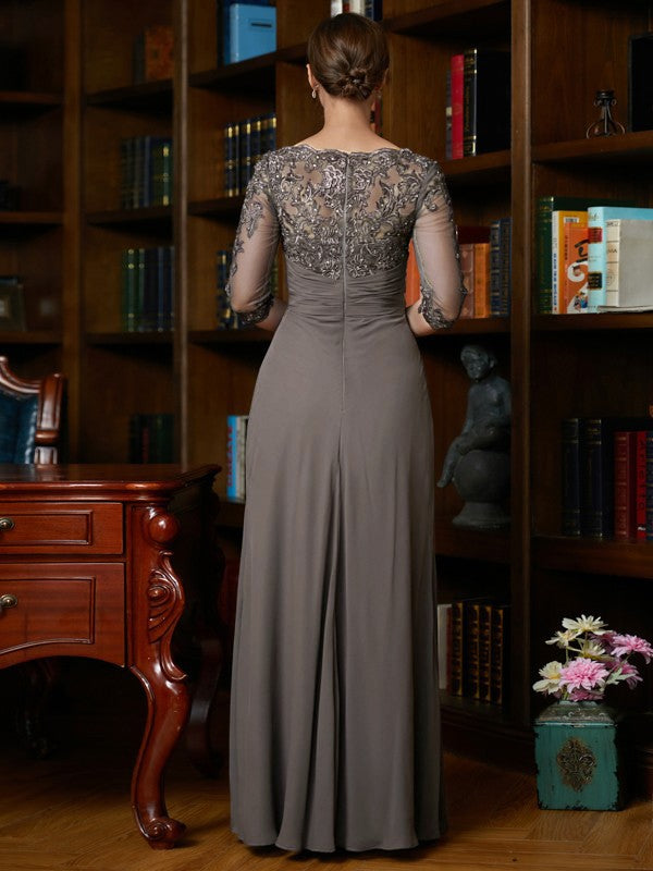 Chiffon Applique Scoop 3/4 Sleeves Floor-Length Mother of the Bride Dresses