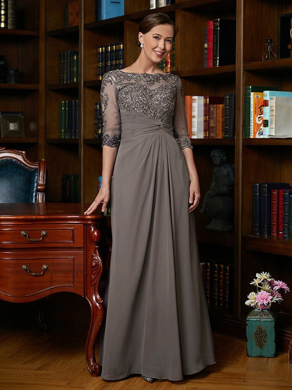 Chiffon Applique Scoop 3/4 Sleeves Floor-Length Mother of the Bride Dresses