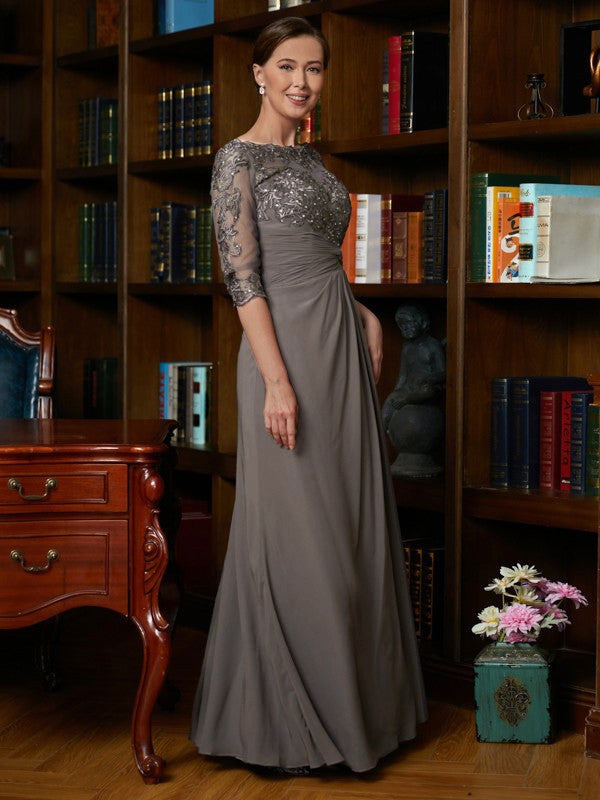 Chiffon Applique Scoop 3/4 Sleeves Floor-Length Mother of the Bride Dresses