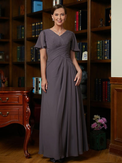 Chiffon Ruched V-neck Short Sleeves Floor-Length Mother of the Bride Dresses