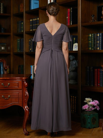 Chiffon Ruched V-neck Short Sleeves Floor-Length Mother of the Bride Dresses