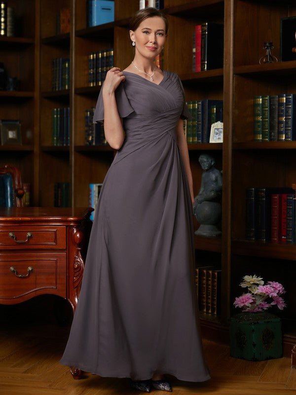 Chiffon Ruched V-neck Short Sleeves Floor-Length Mother of the Bride Dresses