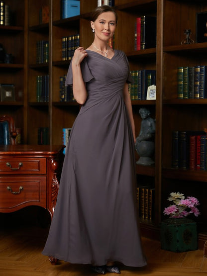 Chiffon Ruched V-neck Short Sleeves Floor-Length Mother of the Bride Dresses