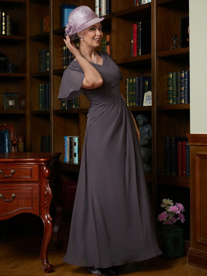 Chiffon Ruched V-neck Short Sleeves Floor-Length Mother of the Bride Dresses