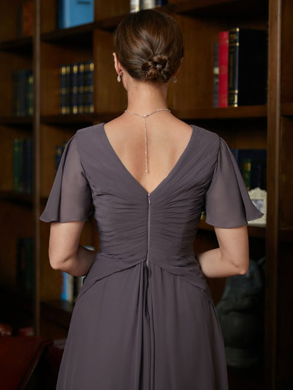 Chiffon Ruched V-neck Short Sleeves Floor-Length Mother of the Bride Dresses