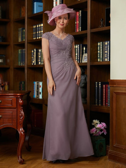 Chiffon Lace V-neck Short Sleeves Floor-Length Mother of the Bride Dresses