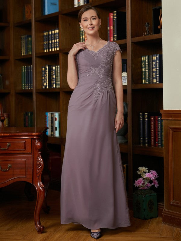 Chiffon Lace V-neck Short Sleeves Floor-Length Mother of the Bride Dresses