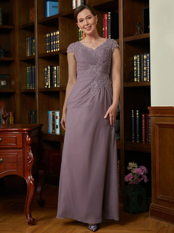 Chiffon Lace V-neck Short Sleeves Floor-Length Mother of the Bride Dresses