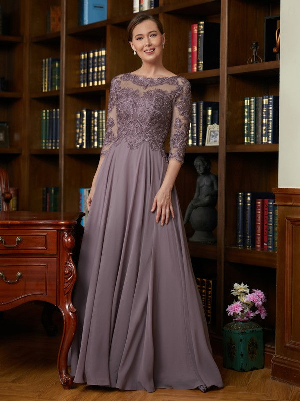 Chiffon Lace Scoop 3/4 Sleeves Floor-Length Mother of the Bride Dresses