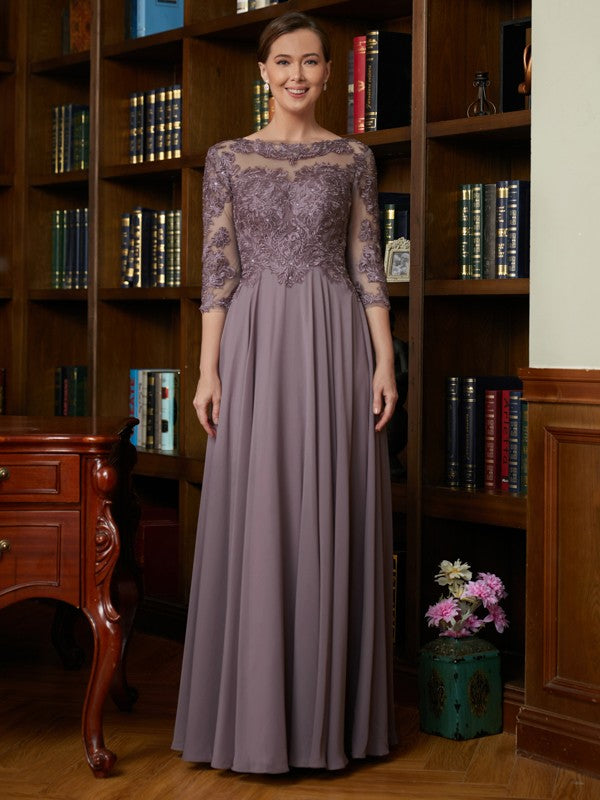 Chiffon Lace Scoop 3/4 Sleeves Floor-Length Mother of the Bride Dresses