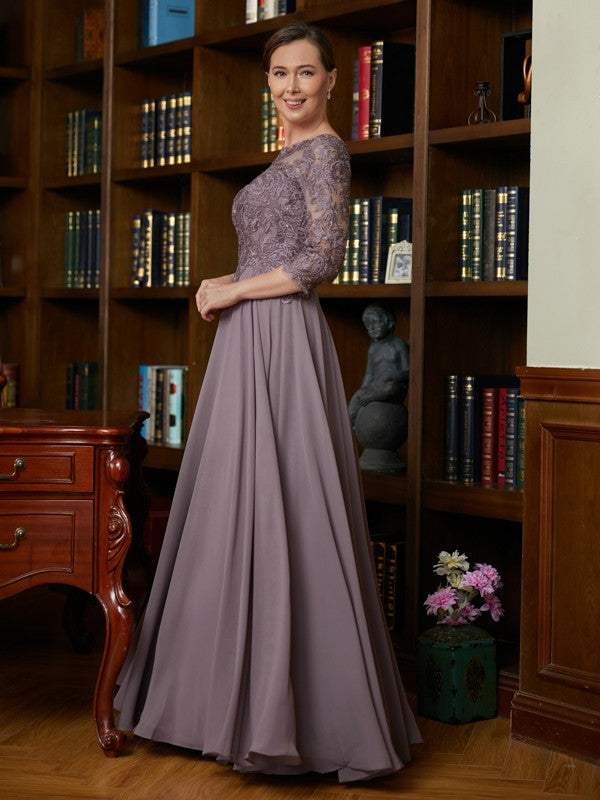 Chiffon Lace Scoop 3/4 Sleeves Floor-Length Mother of the Bride Dresses