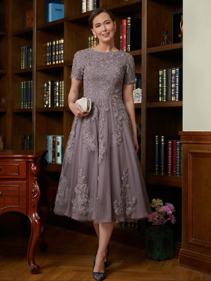 Chiffon Lace Scoop Short Sleeves Tea-Length Mother of the Bride Dresses