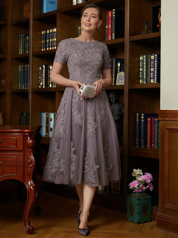 Chiffon Lace Scoop Short Sleeves Tea-Length Mother of the Bride Dresses