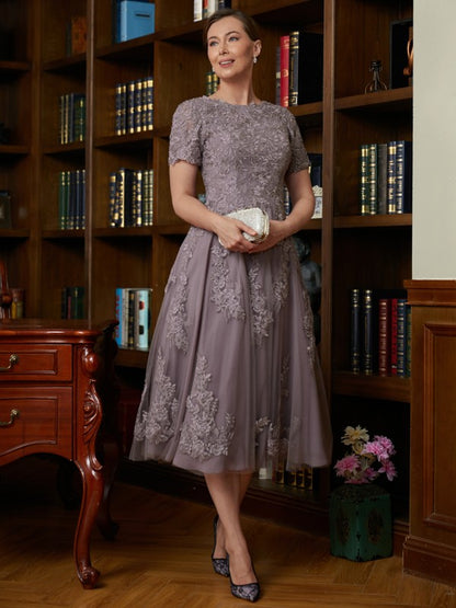 Chiffon Lace Scoop Short Sleeves Tea-Length Mother of the Bride Dresses