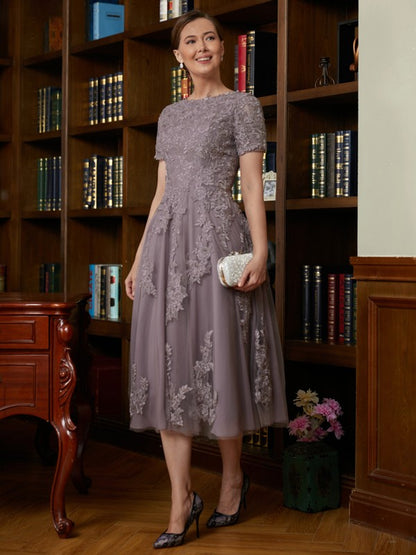 Chiffon Lace Scoop Short Sleeves Tea-Length Mother of the Bride Dresses