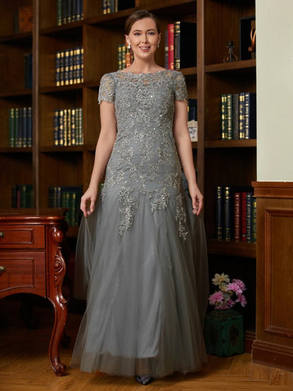 Tulle Lace Scoop Short Sleeves Floor-Length Mother of the Bride Dresses