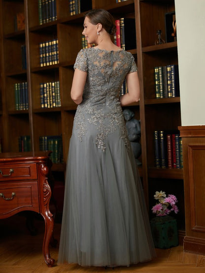 Tulle Lace Scoop Short Sleeves Floor-Length Mother of the Bride Dresses