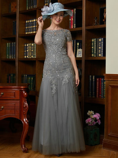 Tulle Lace Scoop Short Sleeves Floor-Length Mother of the Bride Dresses