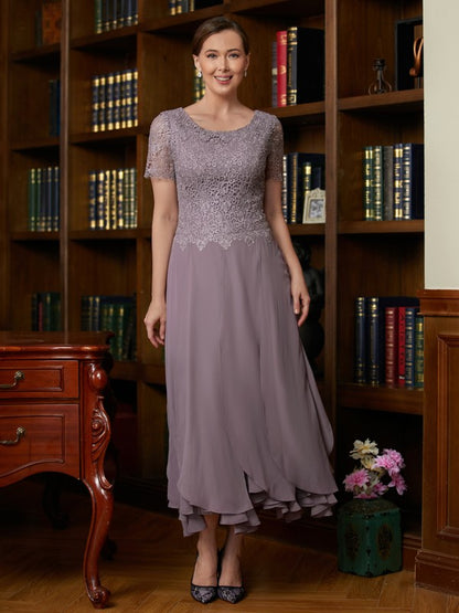 Chiffon Lace Scoop Short Sleeves Ankle-Length Mother of the Bride Dresses