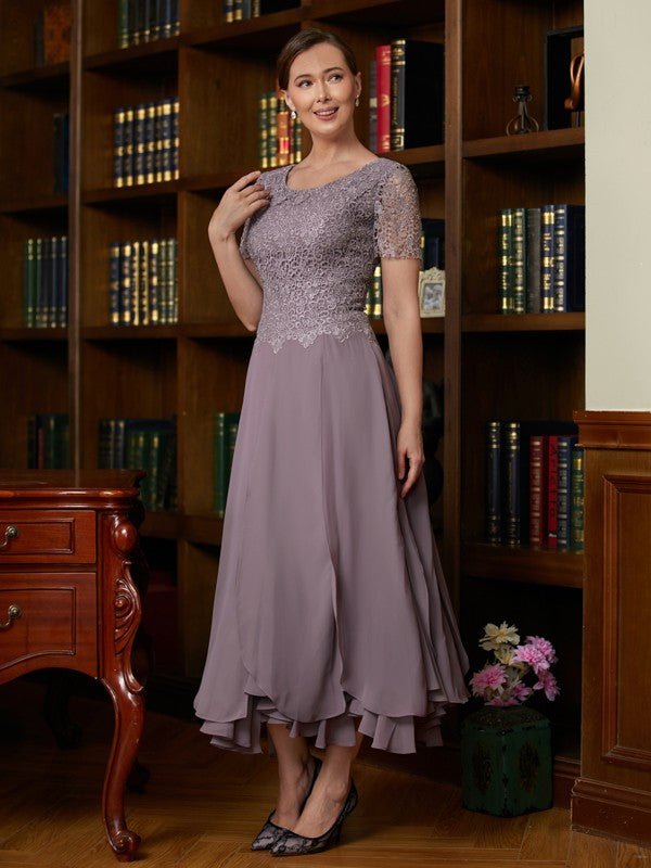 Chiffon Lace Scoop Short Sleeves Ankle-Length Mother of the Bride Dresses