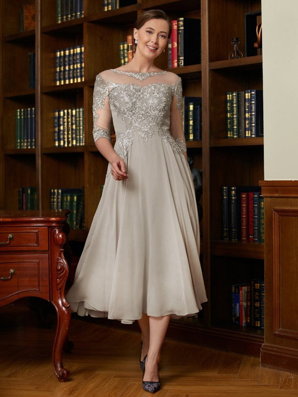 Chiffon Lace Scoop 3/4 Sleeves Tea-Length Mother of the Bride Dresses