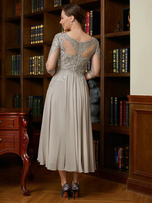 Chiffon Lace Scoop 3/4 Sleeves Tea-Length Mother of the Bride Dresses