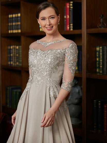 Chiffon Lace Scoop 3/4 Sleeves Tea-Length Mother of the Bride Dresses