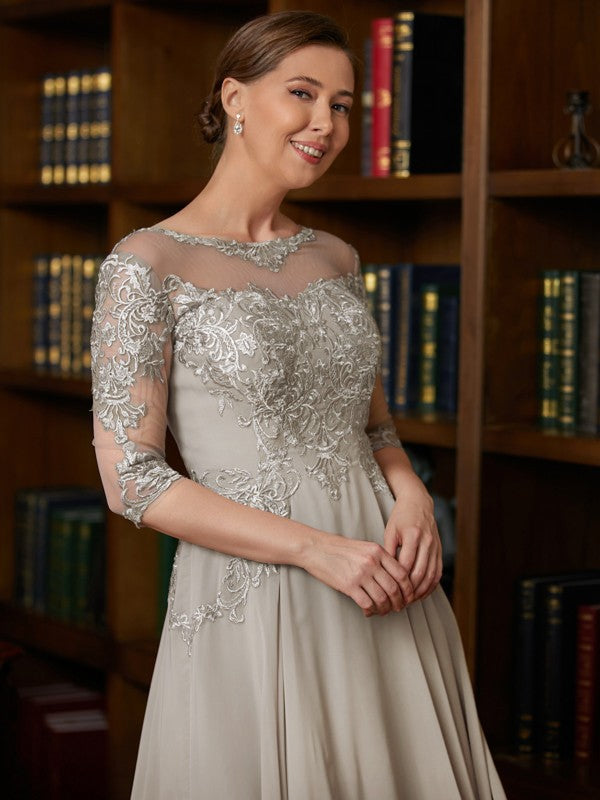 Chiffon Lace Scoop 3/4 Sleeves Tea-Length Mother of the Bride Dresses