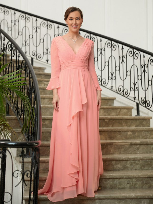 Chiffon Ruched V-neck Long Sleeves Sweep/Brush Train Mother of the Bride Dresses