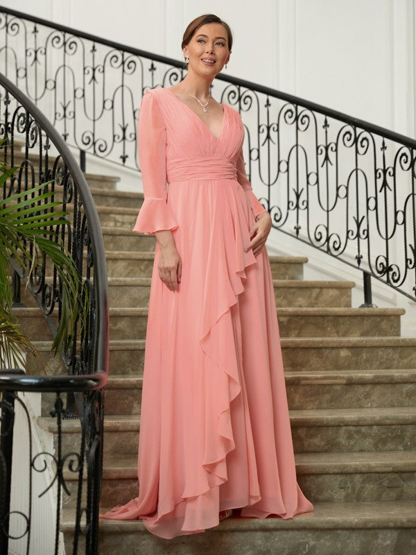 Chiffon Ruched V-neck Long Sleeves Sweep/Brush Train Mother of the Bride Dresses