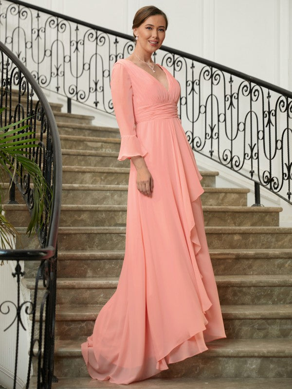 Chiffon Ruched V-neck Long Sleeves Sweep/Brush Train Mother of the Bride Dresses